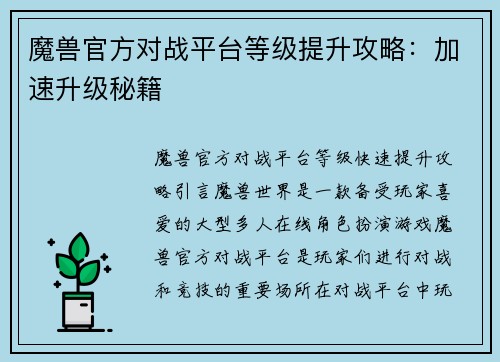 魔兽官方对战平台等级提升攻略：加速升级秘籍